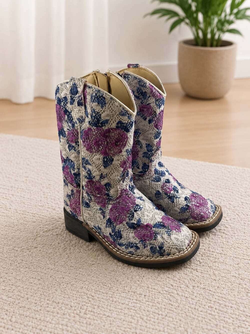 Old West Toddler Girls Floral Glitter Cowgirl Boots Purple Blue Western Size 8